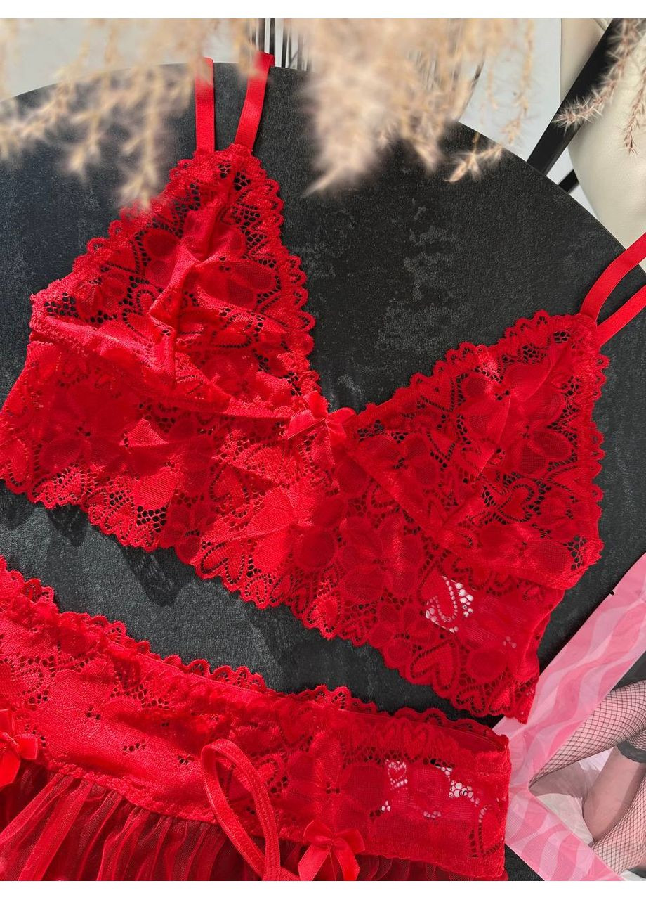 Красный балконет комплект женского белья | с прозрачной юбочкой Vital-Textile без косточек полиэстер, эластан