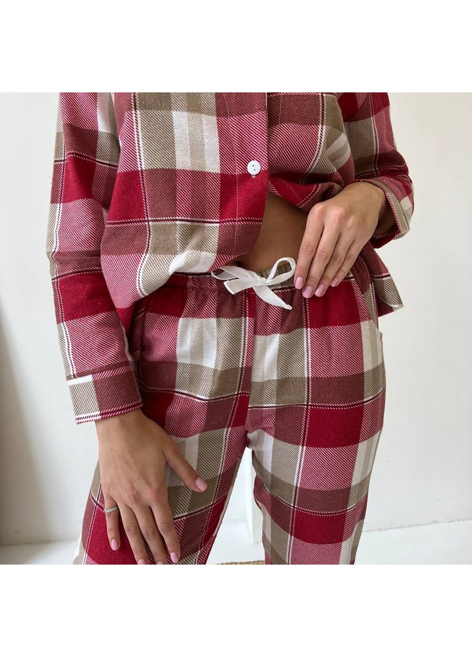 Комбинированная пижама (рубашка+штаны) женская теплая фланель клетка красная с розовым f61p Cosy