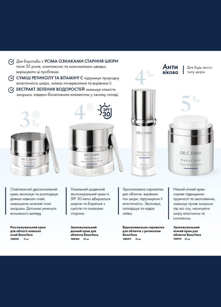 Разглаживающий крем для области вокруг глаз Resurface Dr. C. Tuna 15 мл Farmasi (294946694)