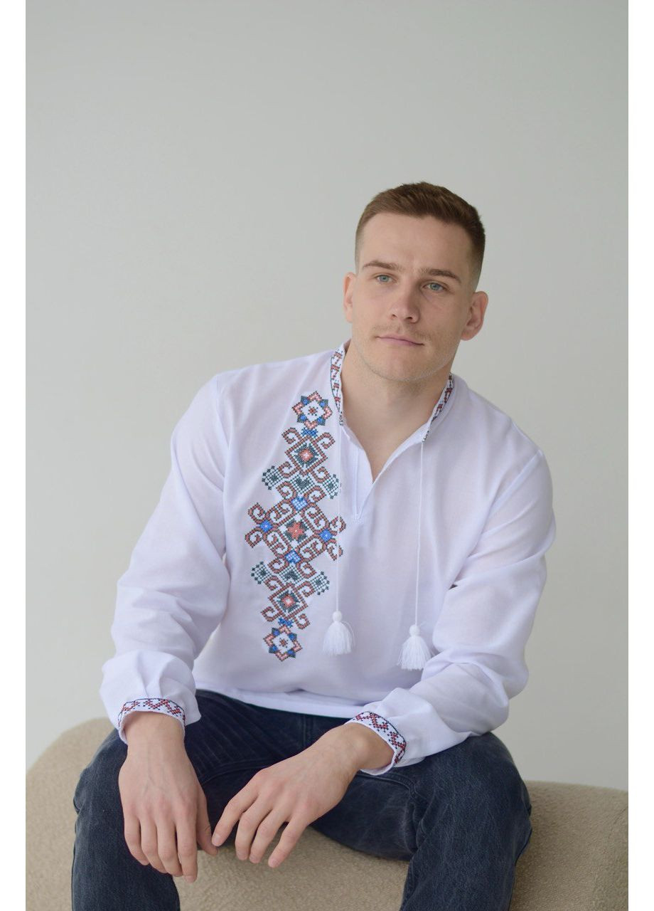 Белая мужская рубашка-вышиванка с вышивкой на спине узор фламинго прямой, свободная хлопок (352473811)