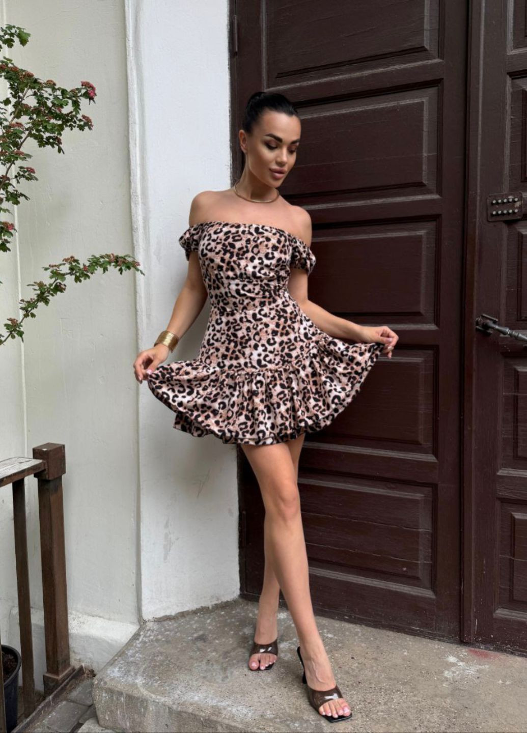 Комбінована повсякденний мінісукня приталеного крою з оборкою з пишною спідницею Tik-Tak з квітковим принтом