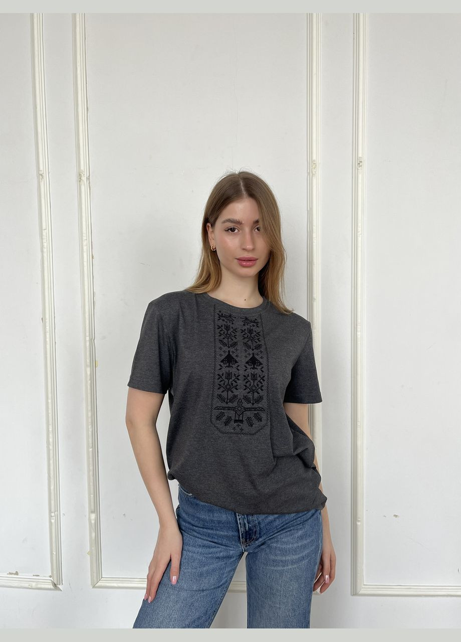 Сіра футболка love self кулір антрацит вишивка байрактар р. 4xl (56) з коротким рукавом 4PROFI