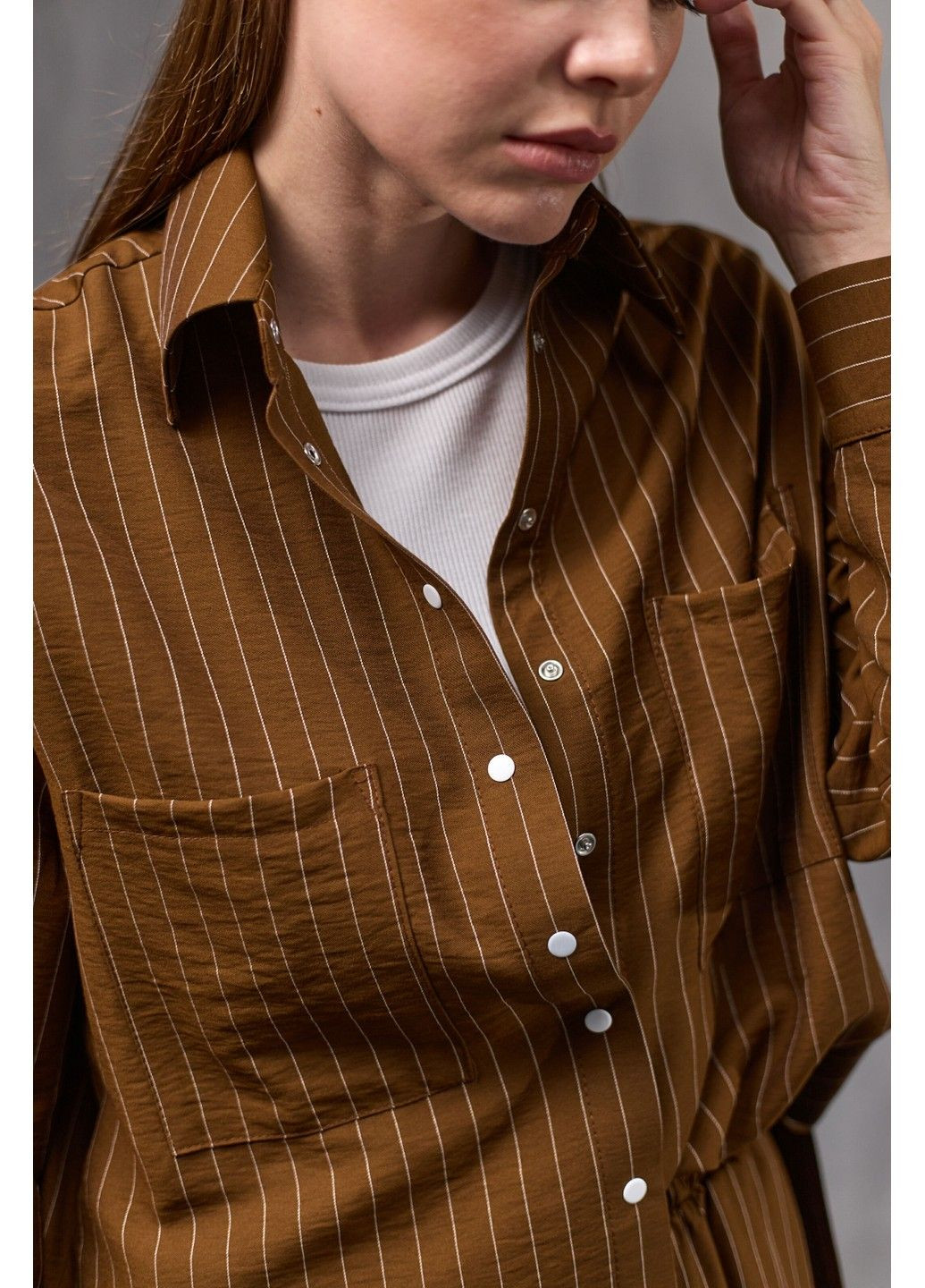 Коричневый женский костюм рубашка + брюки льняные в полоску мокко Bessa - летний