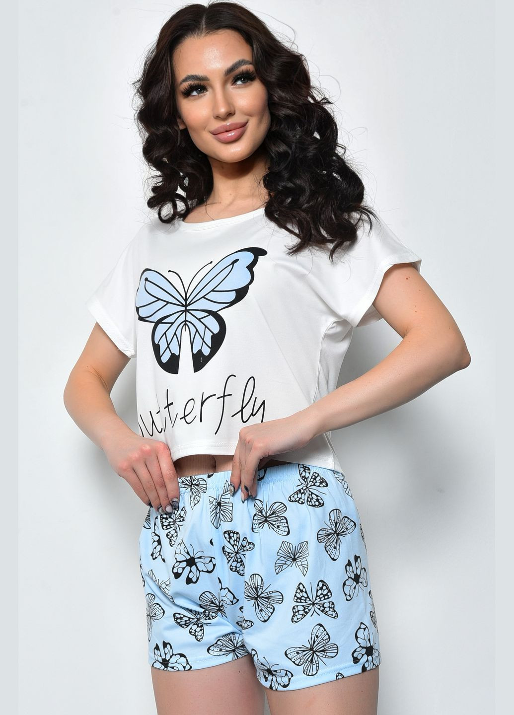 Белая всесезон пижама женская летняя шорты+футболка бело-голубого цвета футболка + шорты Let's Shop