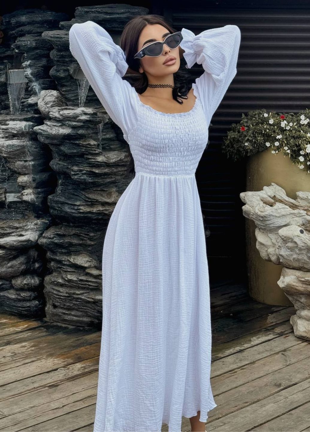 Білий повсякденний вишукана легка літня максі сукня з довгими рукавами ліхтарик Tik-Tak однотонна