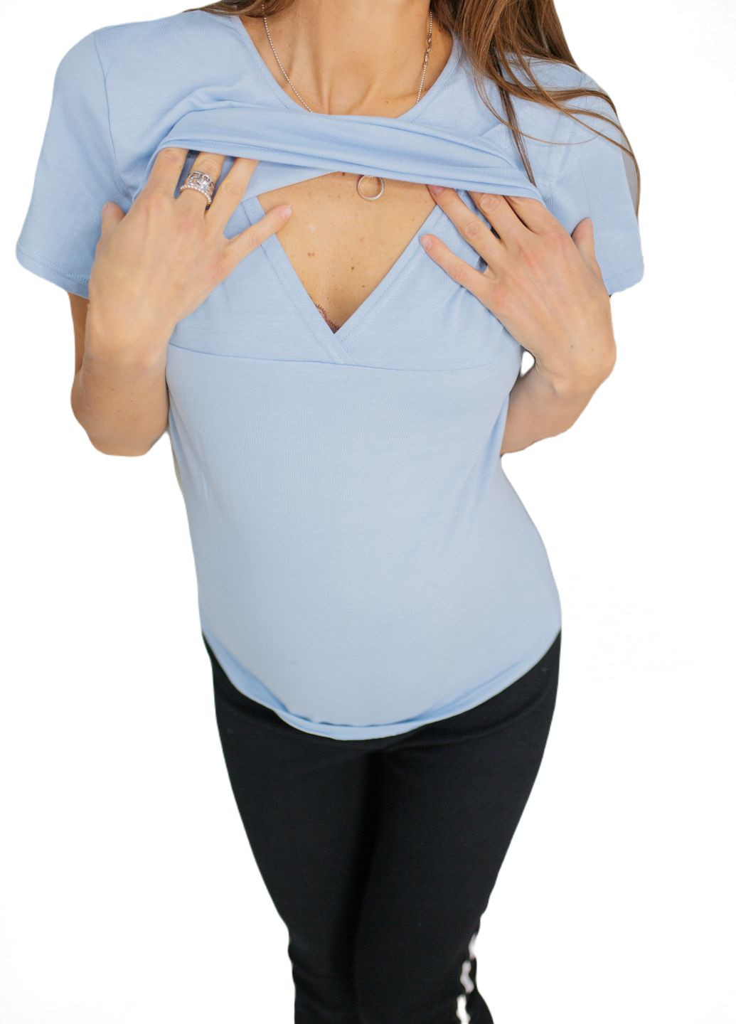 Блакитна всесезон футболка для вагітних з секретом для годування з коротким рукавом HN