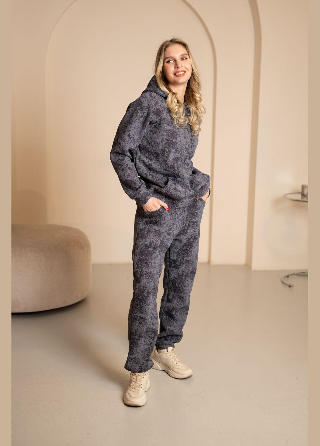 Теплый графитовый костюм с капюшоном на флисе, No Brand 7031 (316703279)