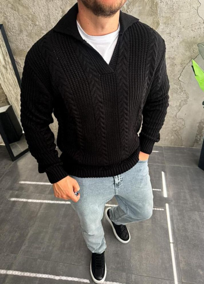 Чорний демісезонний светр чоловічий стильний модний щільний осінь весна No Brand