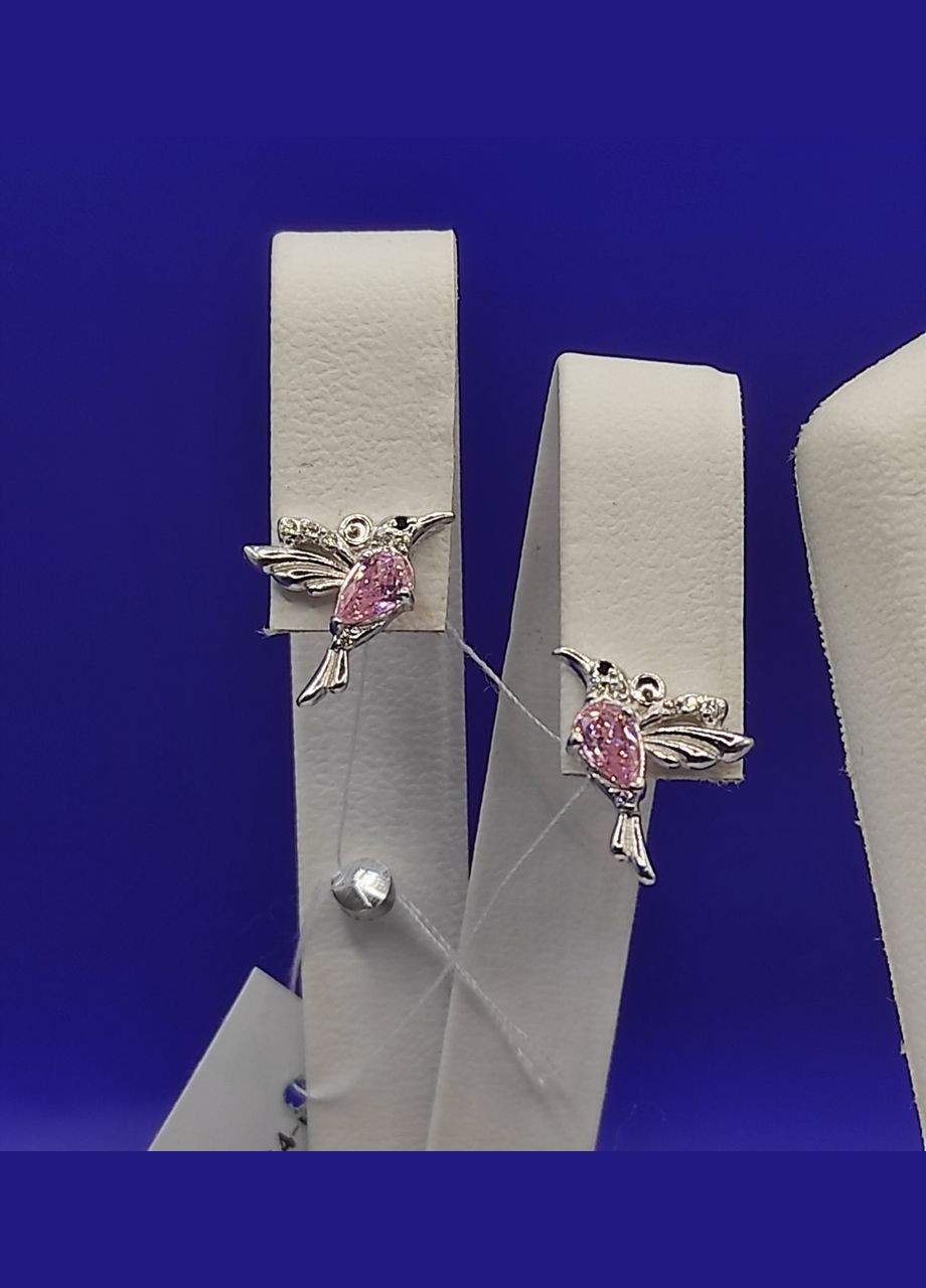 Срібні сережки-пусети "Колібрі" 925 проби покриття родій Shiny Р5000134 No Brand (333828339)