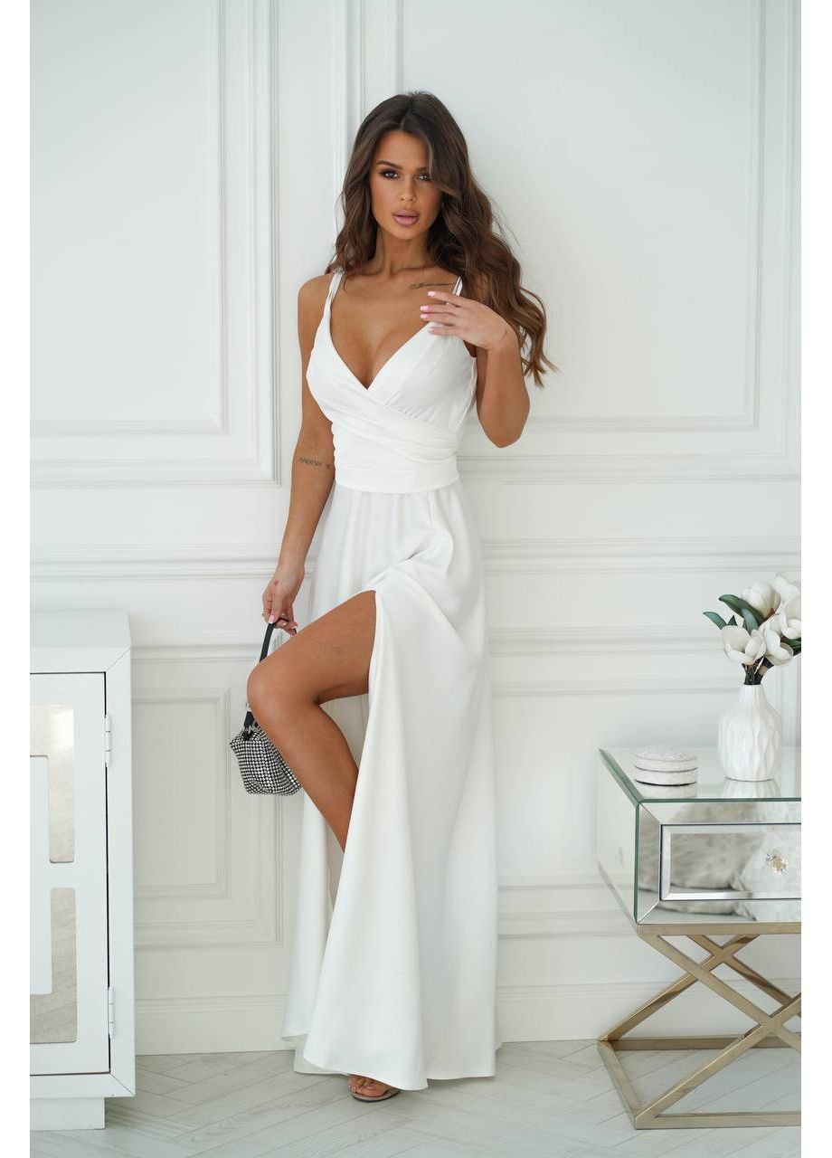 Молочное праздничный, вечернее женское вечернее платье макси с высоким разрезом MonCher