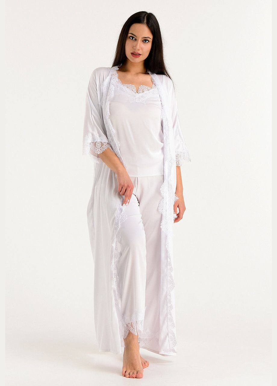 Белая всесезон комплект домашний штаны с кружевом + майка + длинный шелковый халат майка + брюки Ghazel
