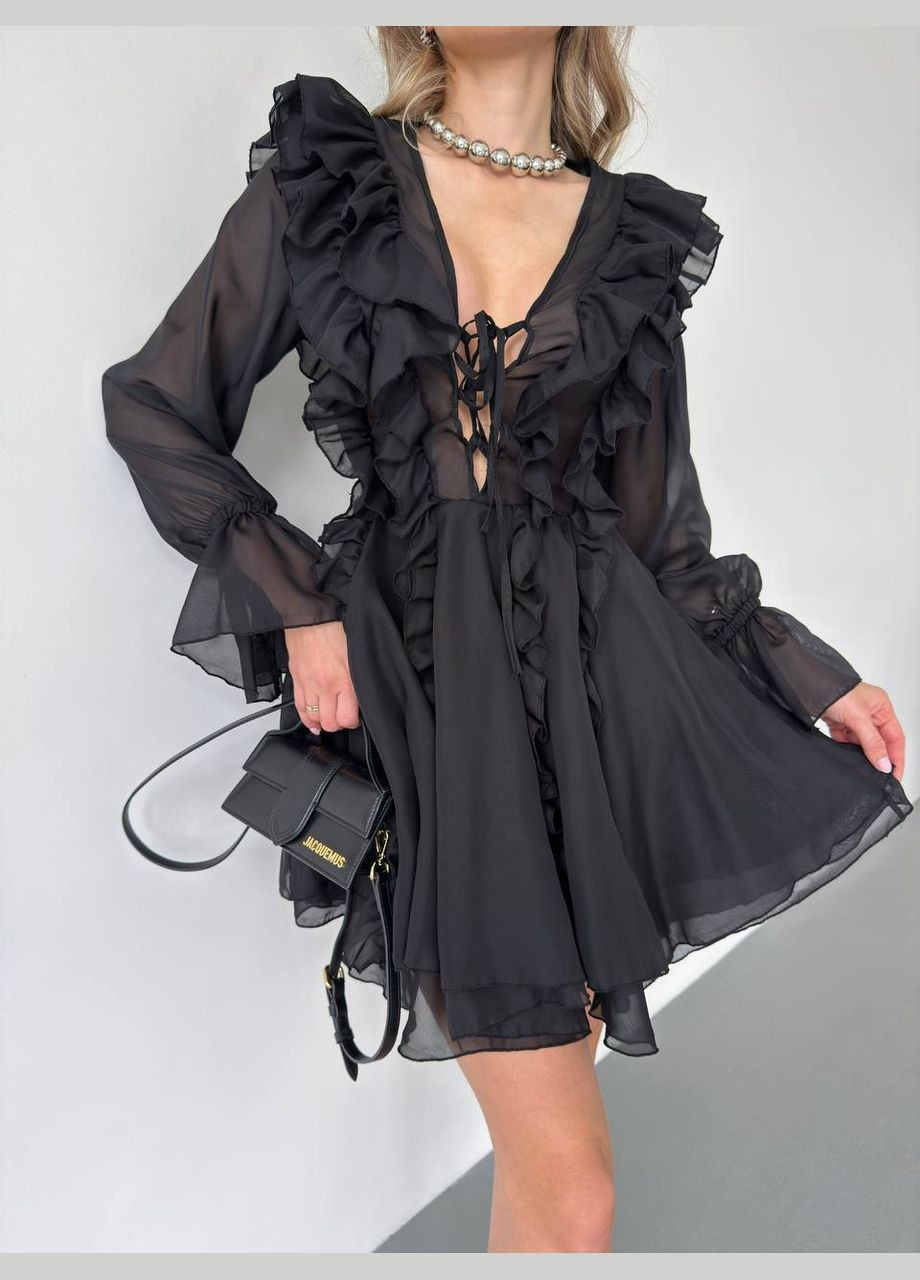 Черное кэжуал, вечернее пышное платье декорировано рюшами с пышной юбкой Adelante однотонное