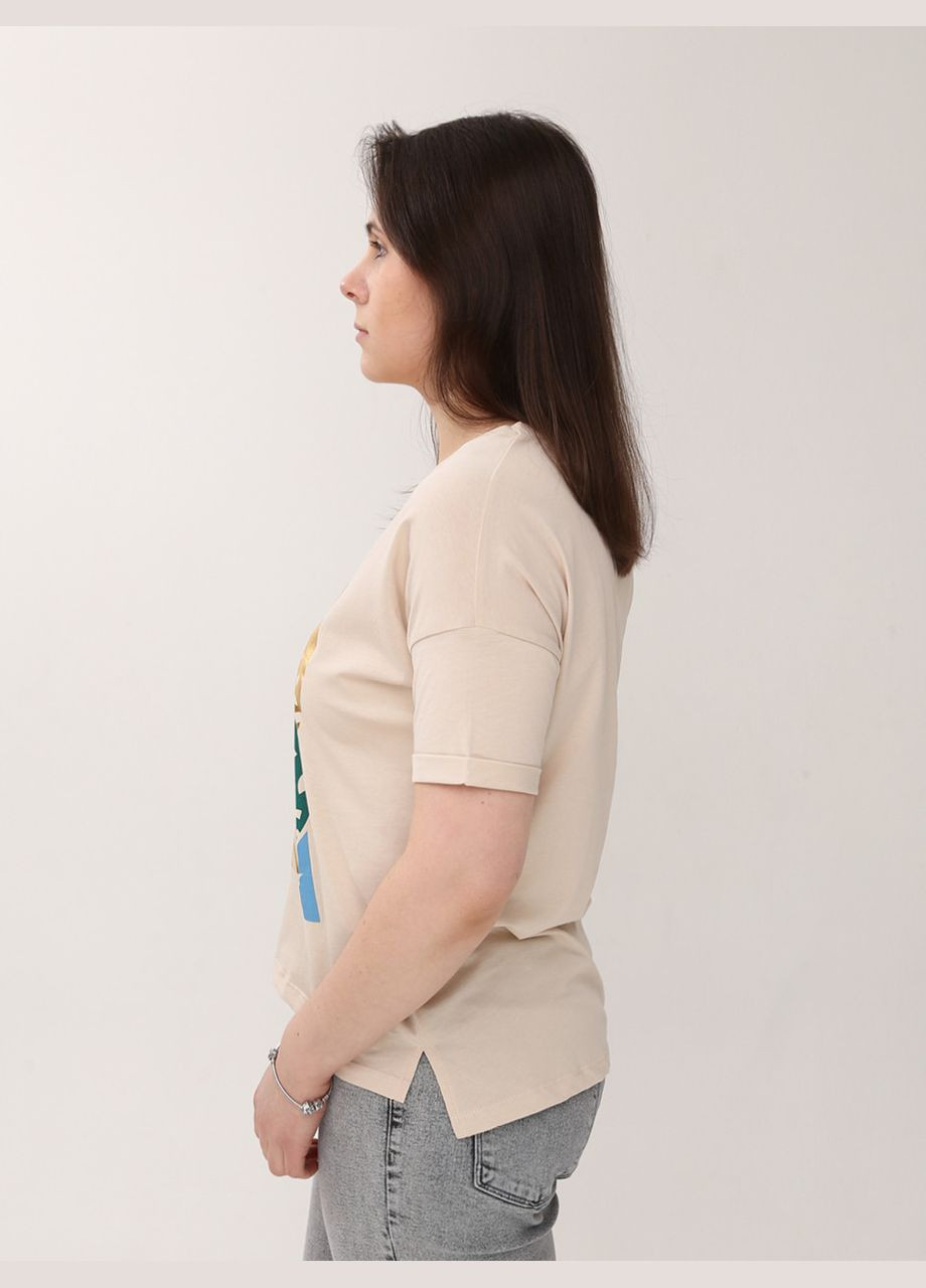 Бежева літня футболка жіноча бежева пряма з принтом з коротким рукавом MDG Пряма