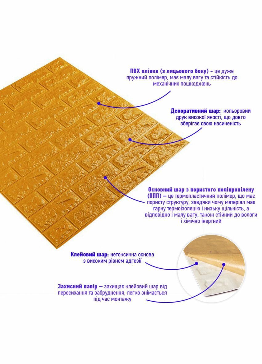 3D панель самоклеящийся кирпич Золотой 700х770х7мм (011-7) SW-00000052 Sticker Wall (316187322)