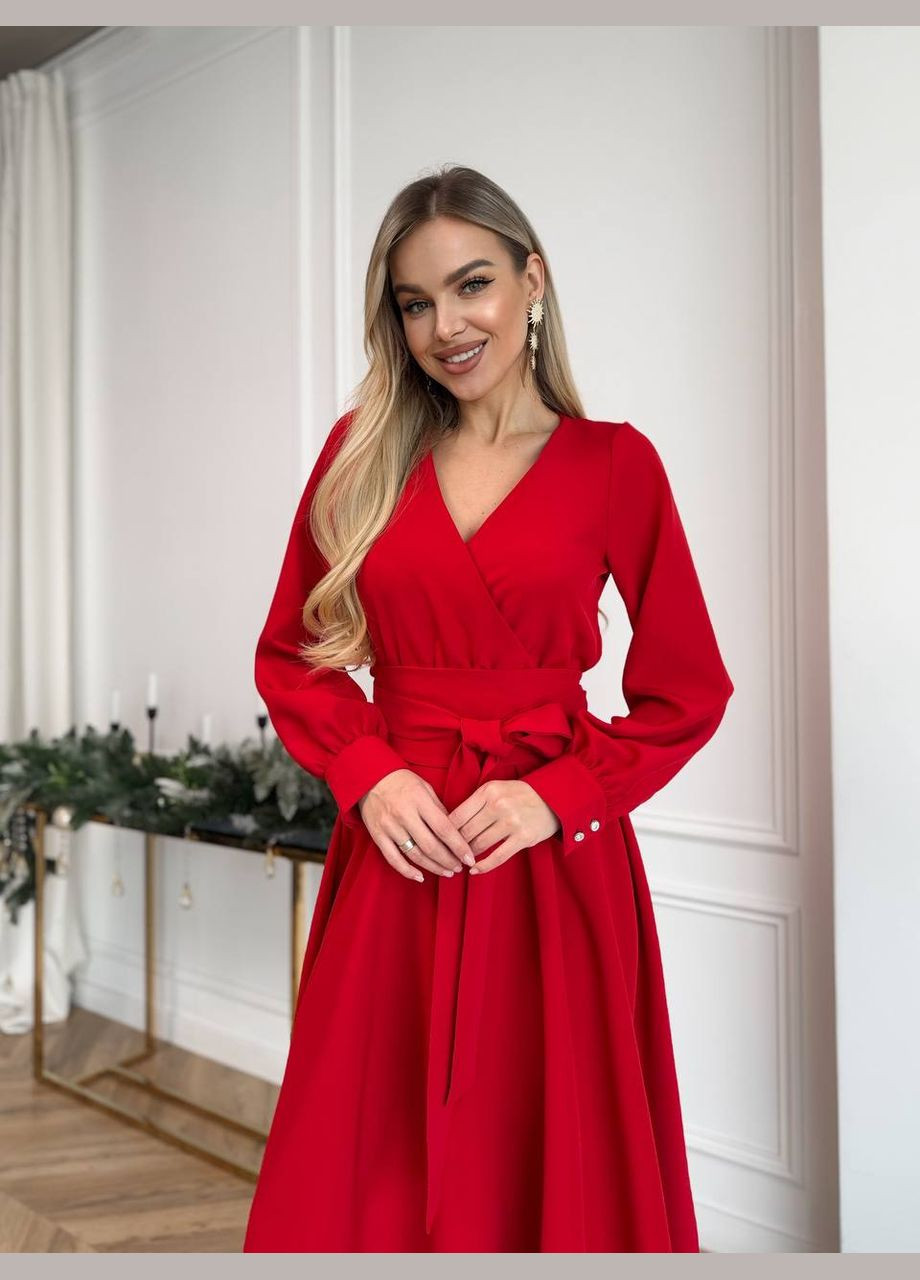 Червона сукня міді з поясом, червоного кольору 30248 Fashion