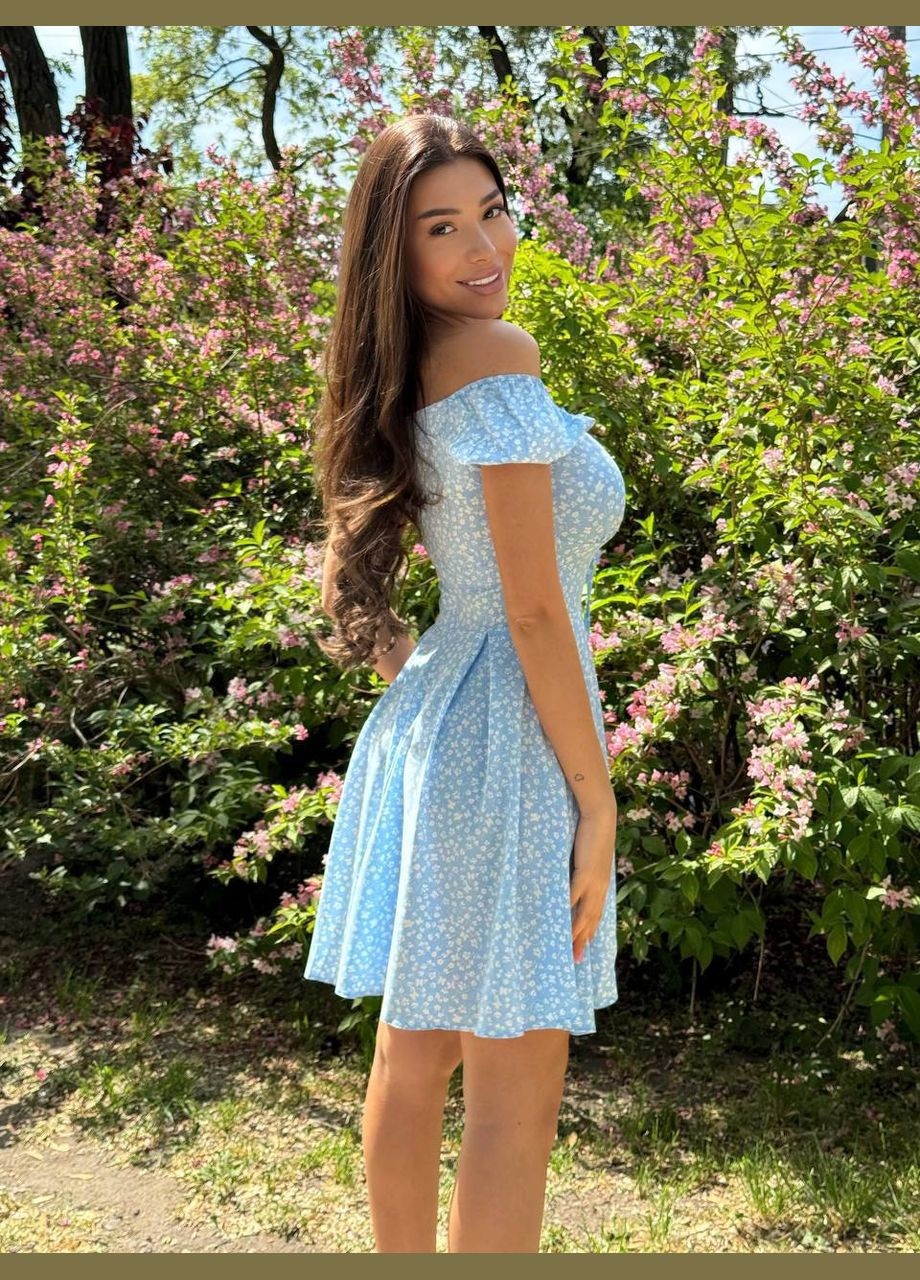 Блакитна повсякденний жіноча сукня FINO Mode з квітковим принтом