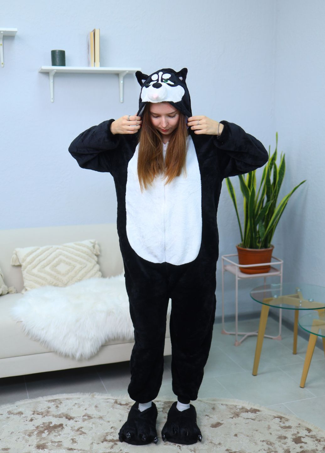 Кігурумі песик хаскі з капюшоном та мордочкою — чорний з білим плюш (1078) My Kigu (340960747)