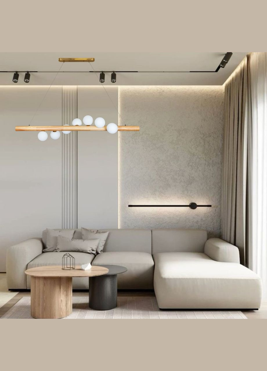 Деревянная люстра планка с белыми шарами на 7 ламп "Wood" (52-9783-7) No Brand (370070137)