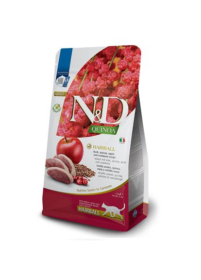 Сухой беззерновой корм N&D Quinoa Hairball ADULT для выведения комков шерсти c уткой, киноа, яблоко и клюква, 1,5 кг Farmina (339767562)