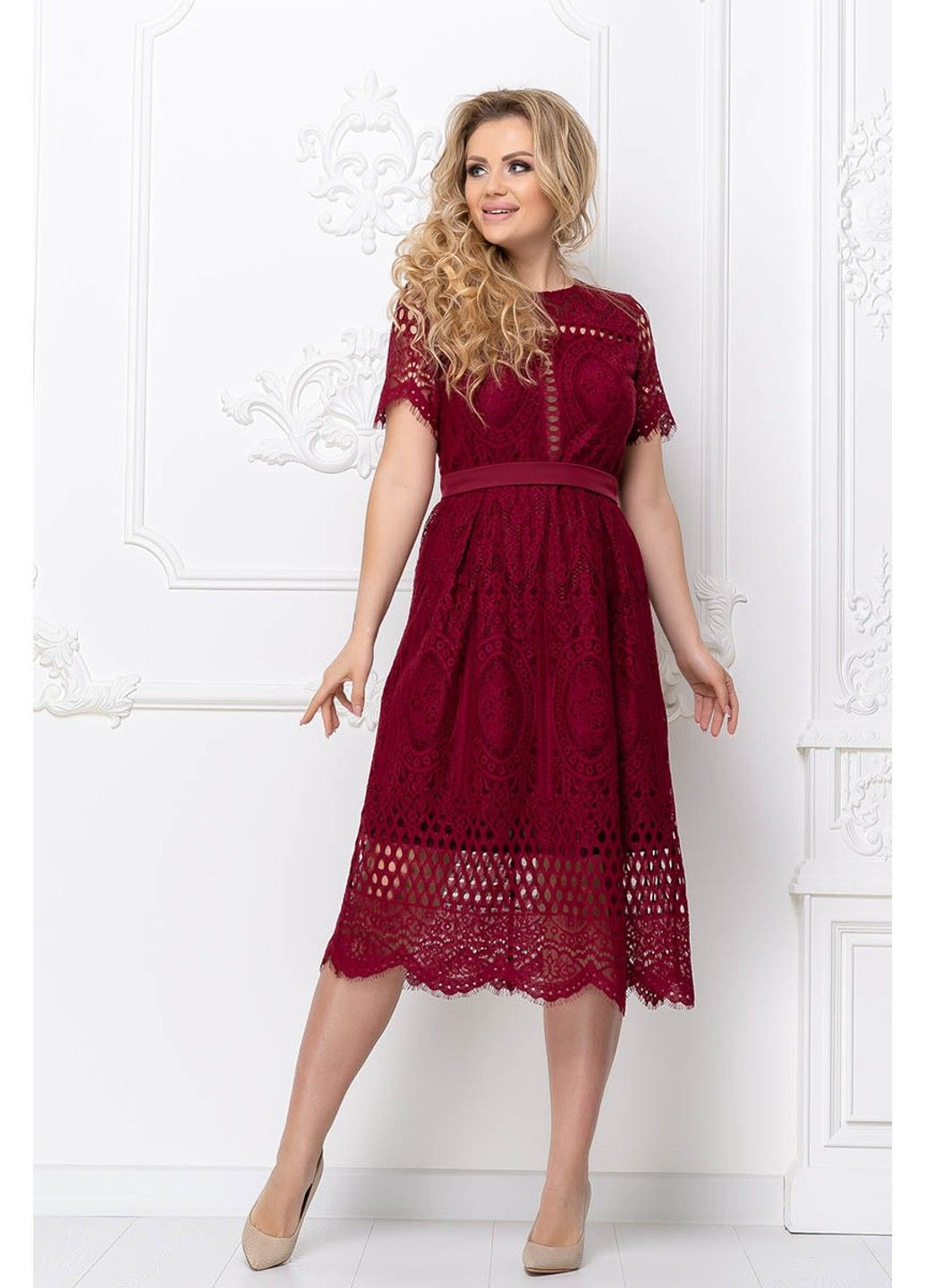 Бордова коктейльна сукня мереживний гіпюр 20053 бордо Tanita-Romario