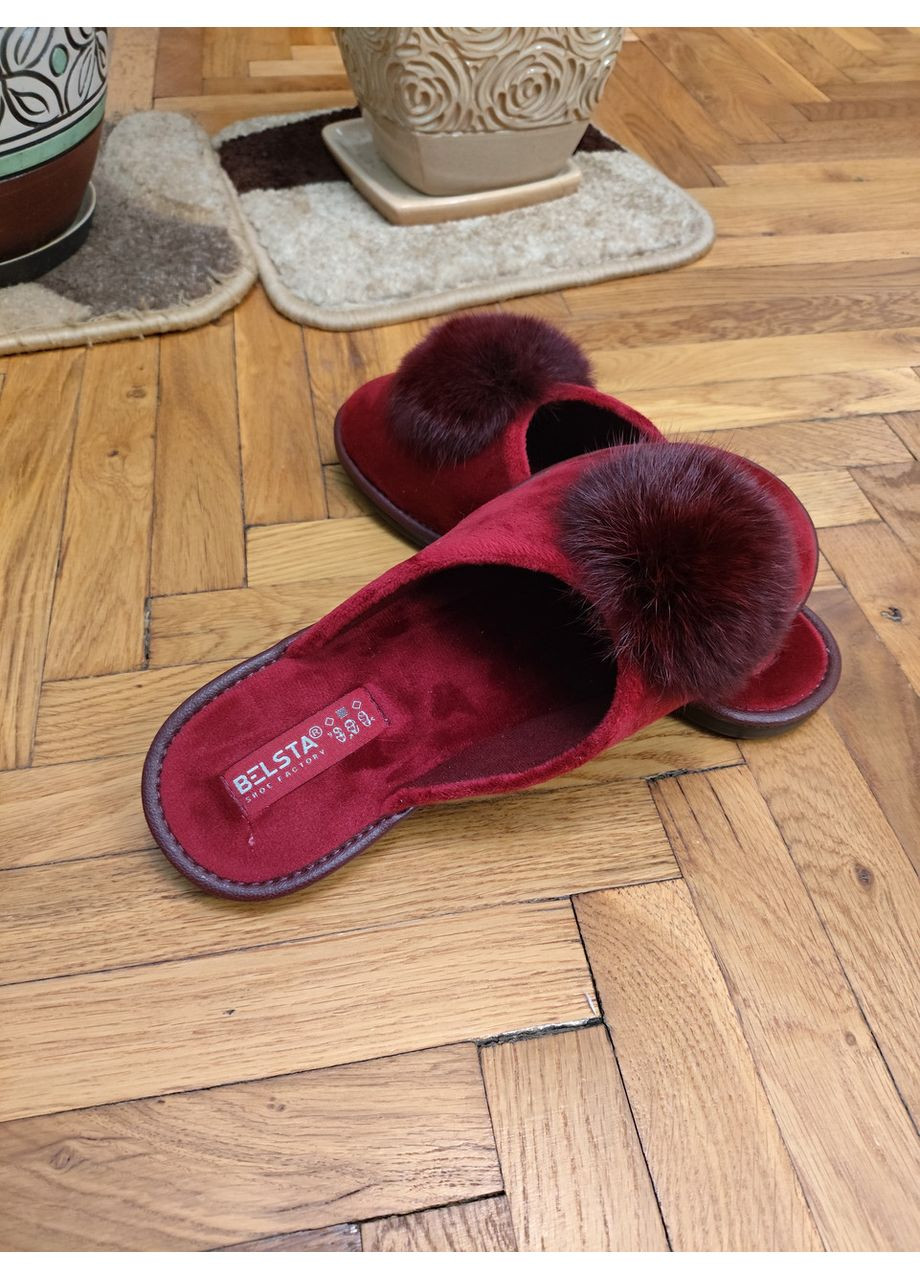 Бордовые женские велюровые тапочки закрытые пушок Белста