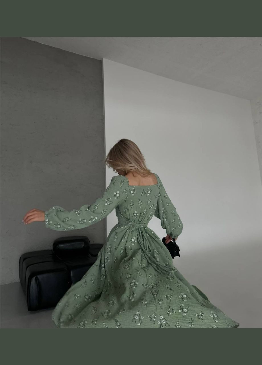 Зеленое женское платье муслин No Brand с цветочным принтом
