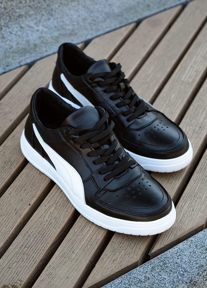 Черные демисезонные мужские кроссовки из натуральной кожи черного цвета 35544 No Brand