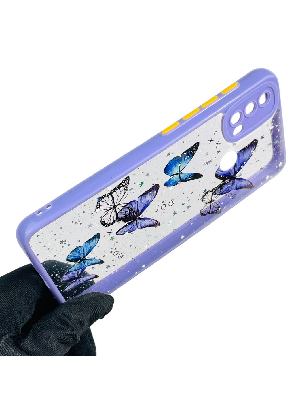 Чехол для Moto E40 с блёстками с бабочками на моторола е40 сиреневый Motorola (366389544)