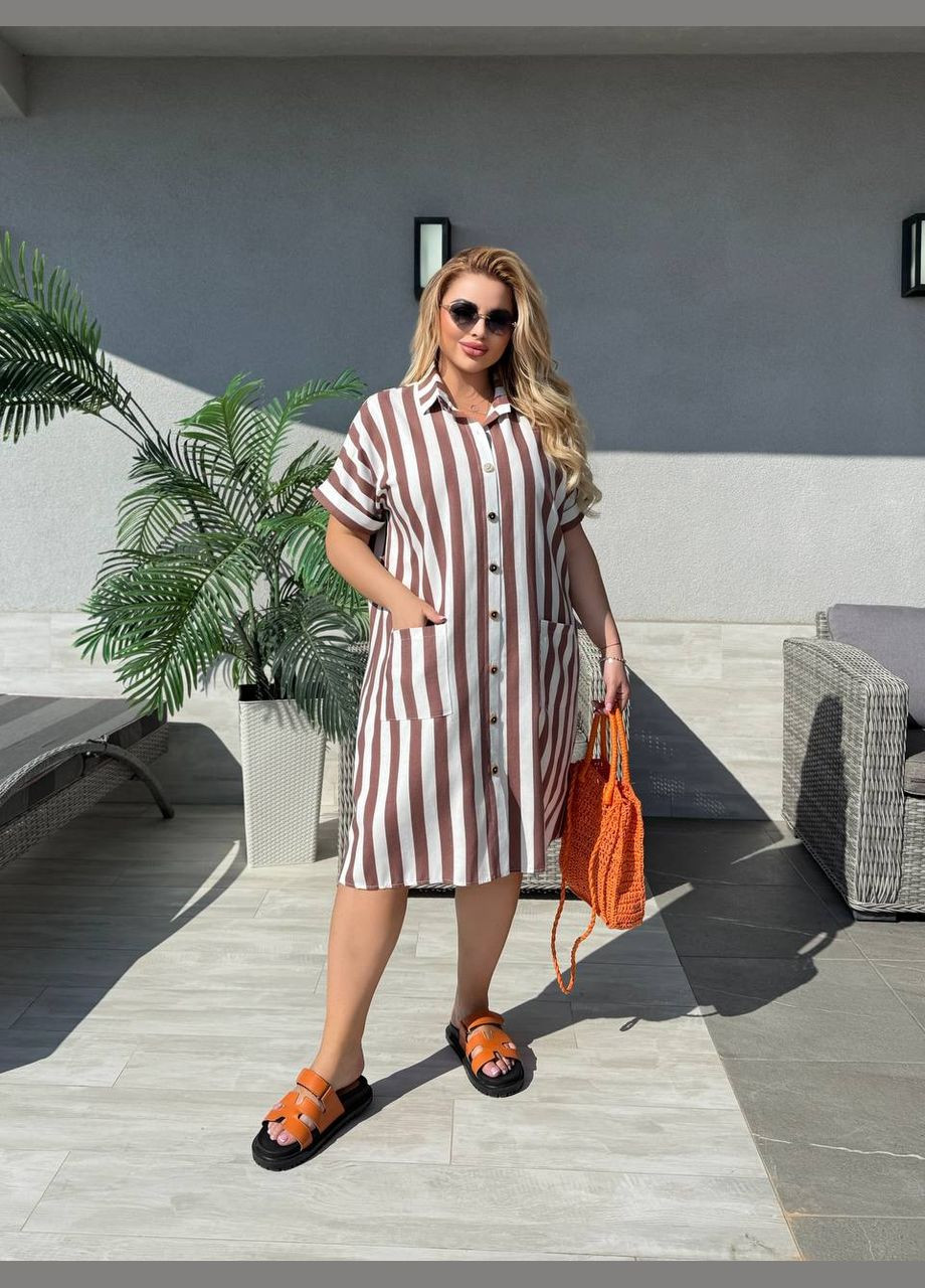 Светло-коричневое повседневное нежное женское платье-рубашка лен полоска. Україна в полоску