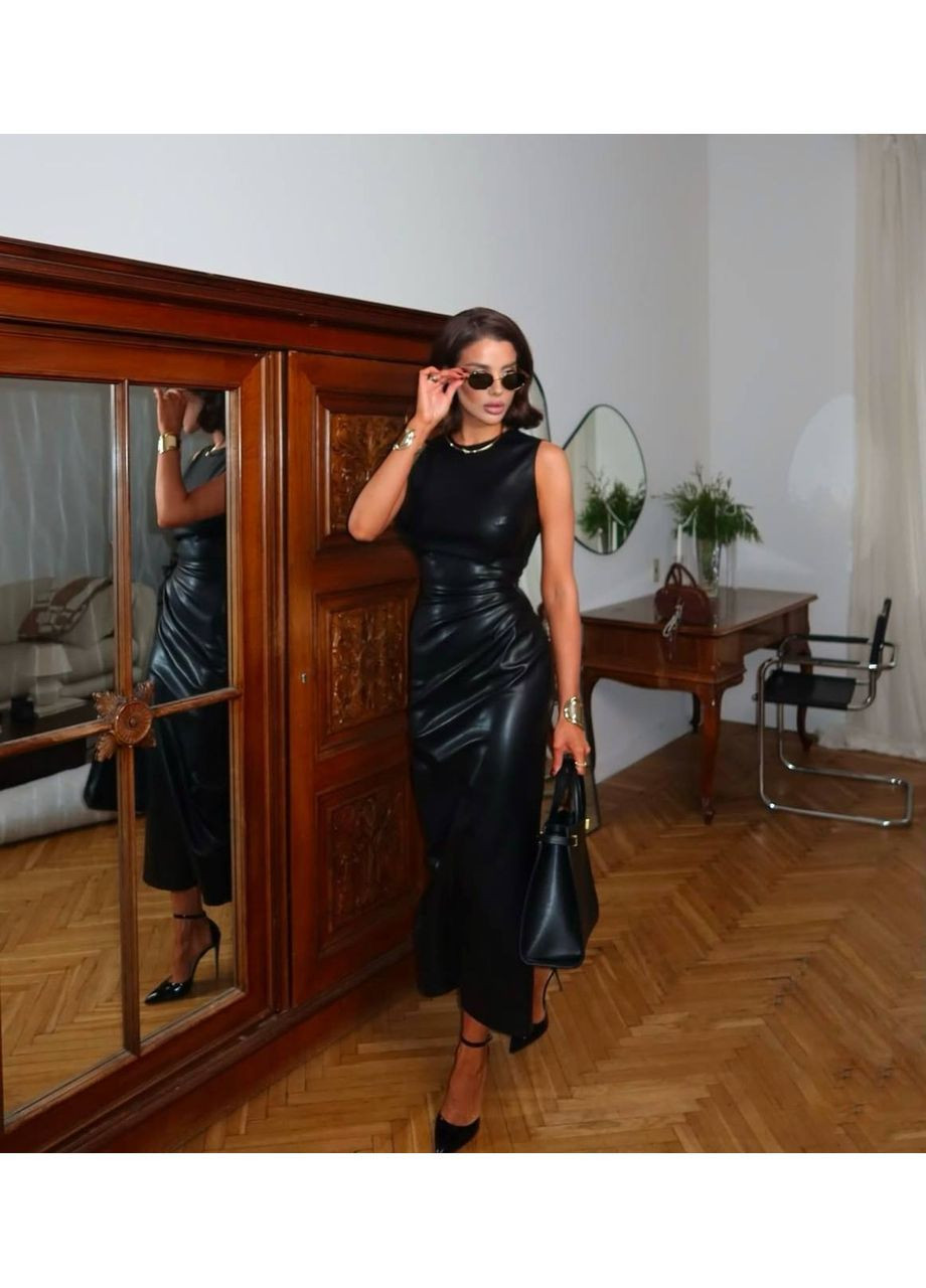 Черное праздничный, вечернее, кэжуал женское кожаное макси платье силуэтная Avanti однотонное