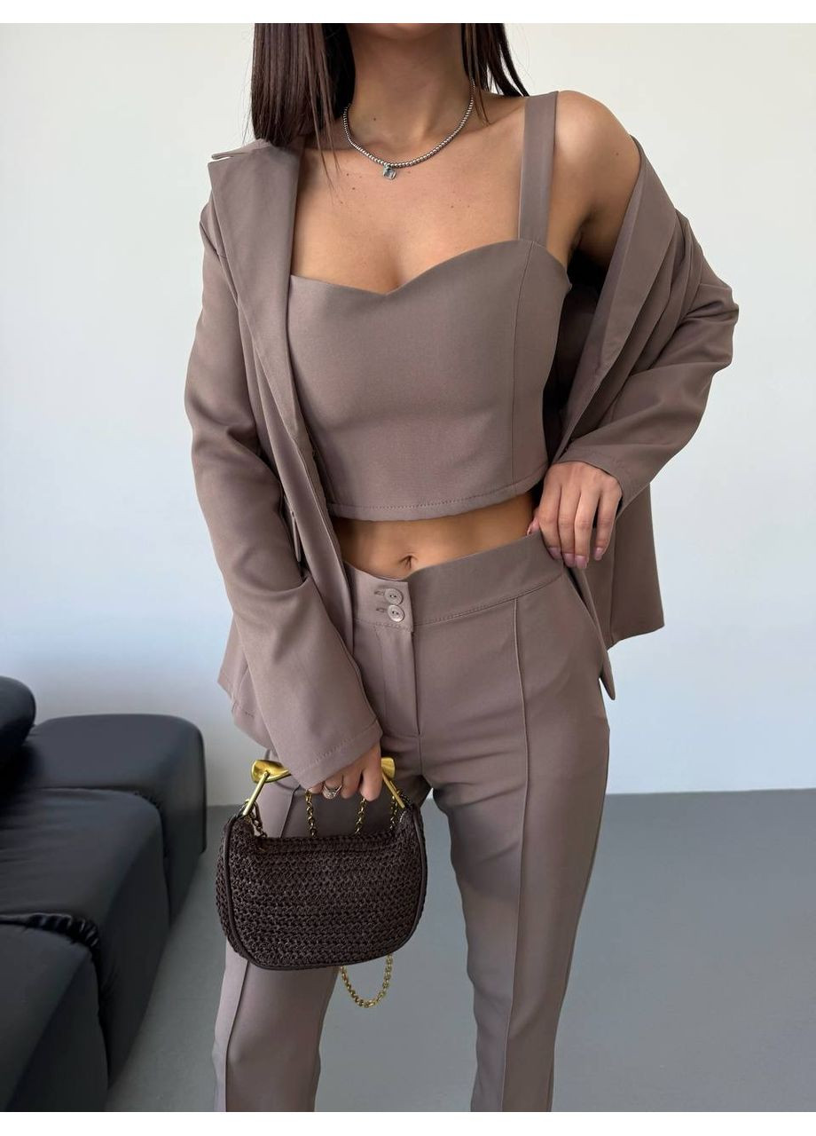 Костюм (пиджак, брюки, топ), цвет Светло-коричневый Fashion (361310322)