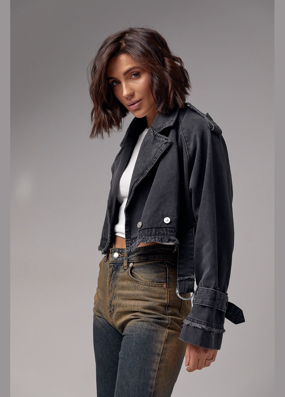 Чорна демісезонна коротка жіноча джинсівка у стилі grunge 3103 Lurex