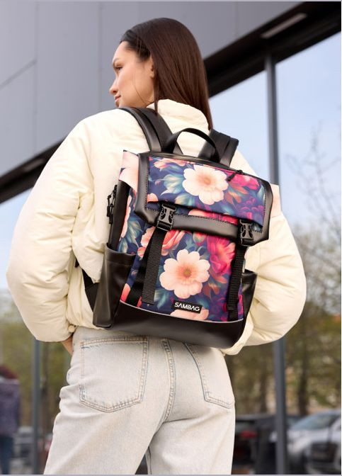 Жіночий рюкзак Aura чорний з принтом "MAGENTA FLOWERS" Sambag (302519077)