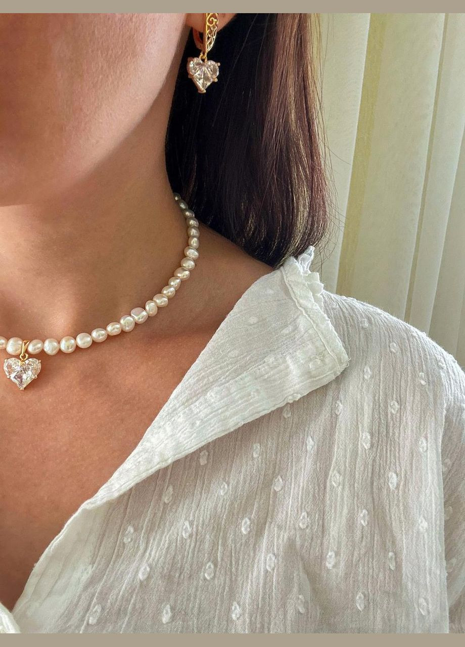 Чокер-колье из натурального жемчуга и подвеска сердечко с цирконами L=36 см No Brand циркон, жемчуг (369505285)