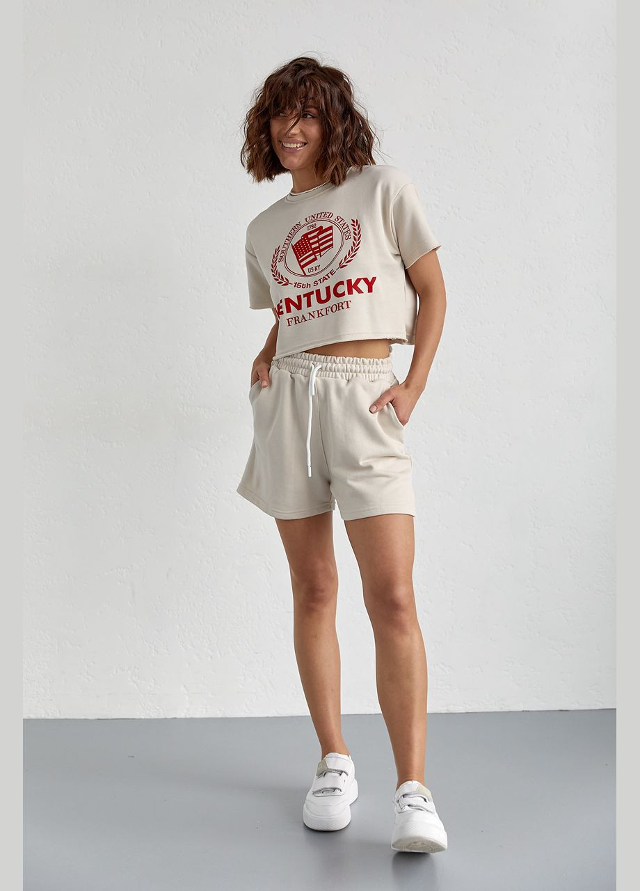 Женский спортивный комплект со шортами и футболкой - бежевый цвет, L (sku_9295) No Brand (315391022)