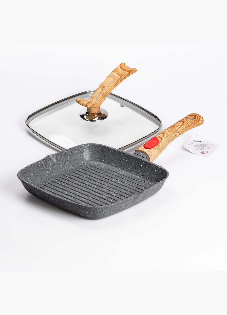 Алюмінієва сковорода-гриль 24 см зі скляною кришкою Квадрат сірий HP-4-461G MGC (306849198)