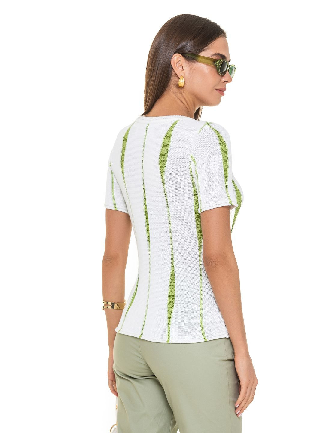 Зелений тонкий жіночий джемпер з вертикальним кольоровим візерунком. SVTR