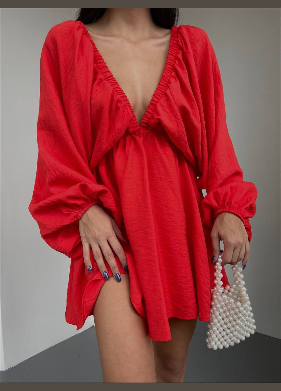 Червона якісна oversize сукня з креп-жатки в красивому червоному кольорі, приємна до тіла коротка сукня з відкритим декольте No Brand