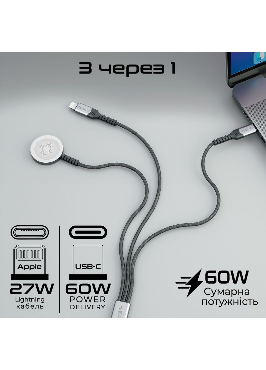 Кабель USB Type-C - USB Type-C (M/M) Lightning 27W 60W Apple MagSafe 1 2.5W, 4A, 1.5 м, Black (icharge-trio.black) Promate (370614478)