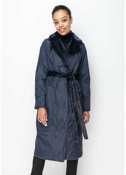 Пальто з Екохутром і Шалевим Коміром 1101M-C Темно -синій/ ожина SAM Samange (367724850)