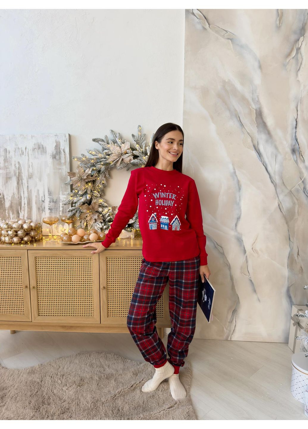 Червона всесезон новорічна тепла жіноча піжама з начосом l Vishnya