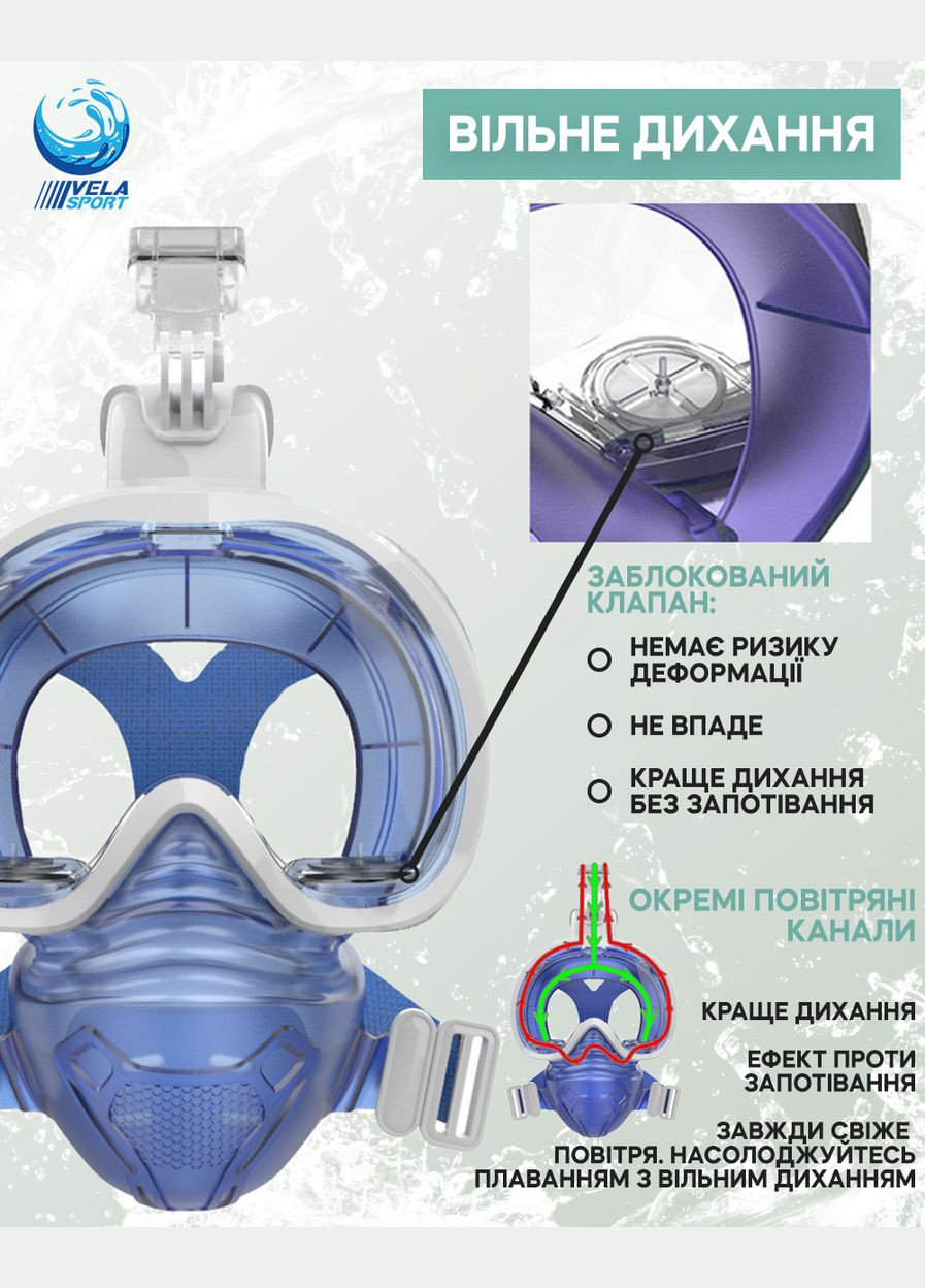 Маска для плавания DUO размер L/XL для снорклинга и дайвинга с фильтрацией воздуха и двумя независимыми отсеками Синяя VelaSport (273422174)