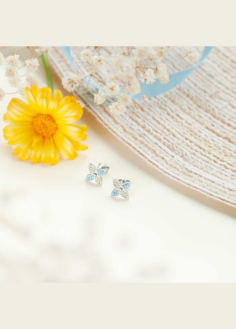 Серебряные серьги с голубым кварцем и фианитами. Каштан (342335183)