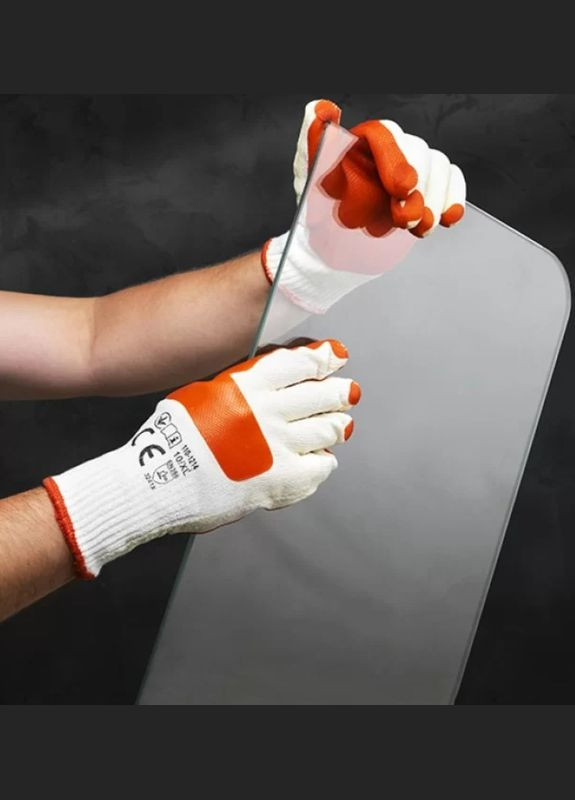 Захисні рукавиці Standard (XL/ ) білий з жовтогарячим поліестер з латексним покриттям для скла (24325) BLUETOOLS (318093053)