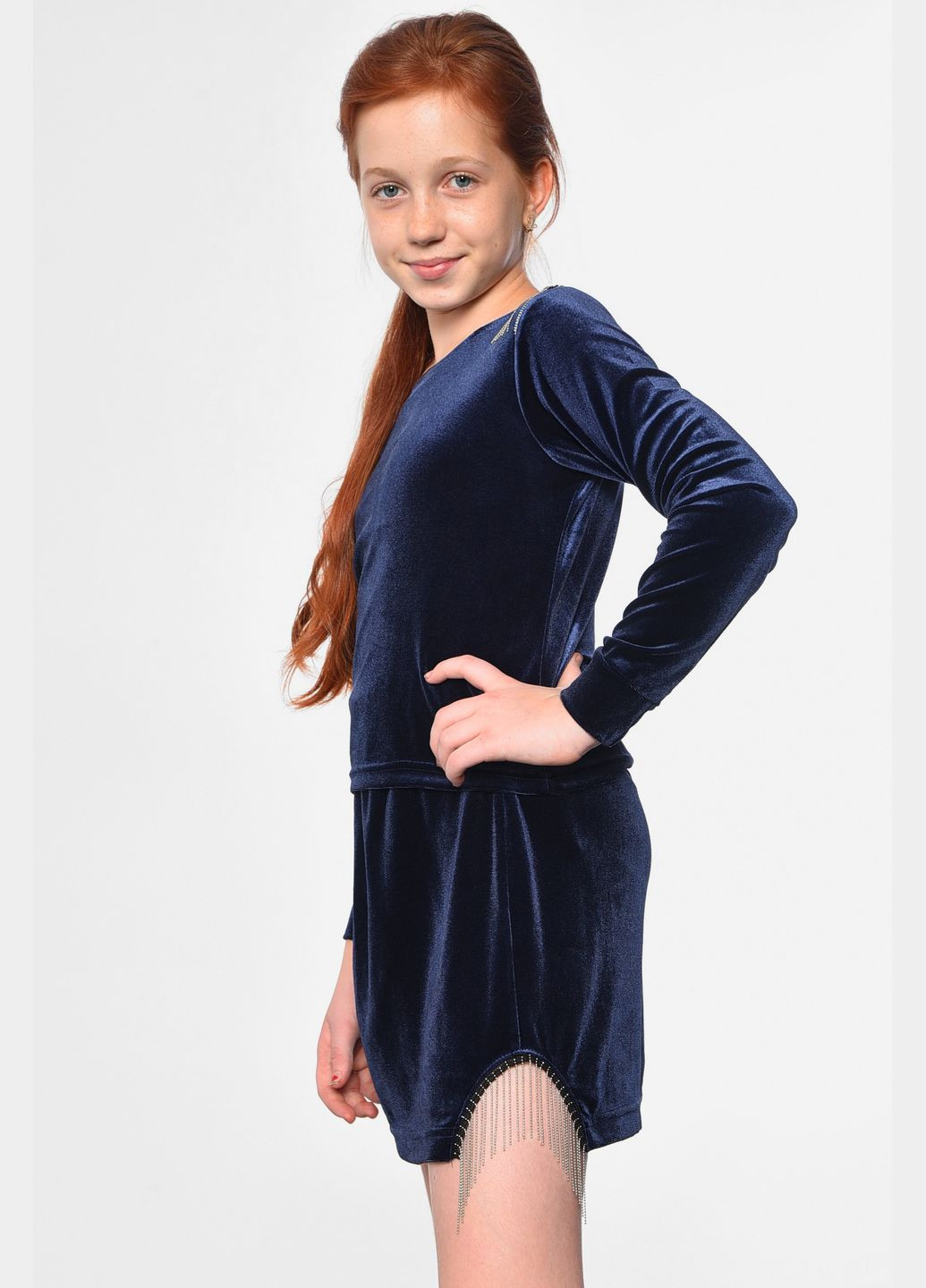 Темно-синий демисезонный костюм детский велюровый для девочки темно-синего цвета юбочный Let's Shop
