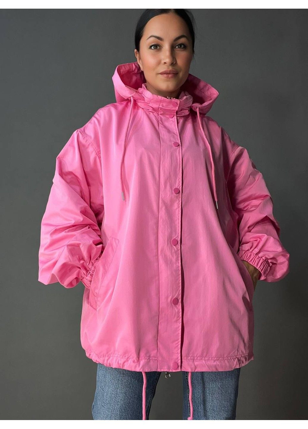 Рожева демісезонна куртка жіноча 9096-1 вітрівка оверсайз подовжена з капюшоном Lady yep