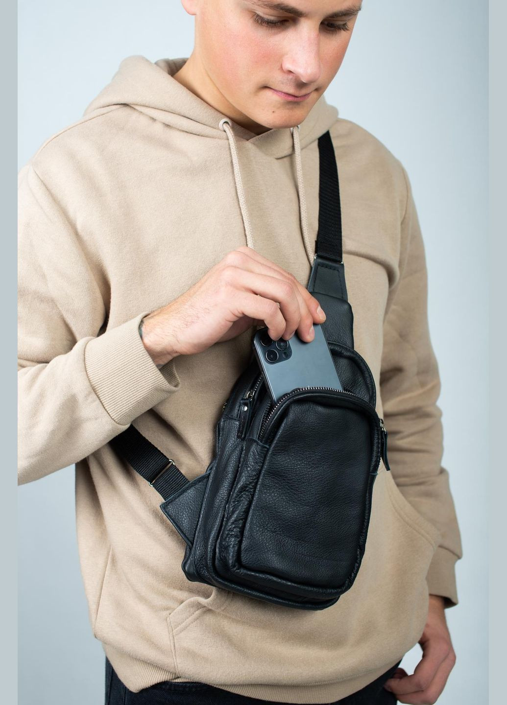 Сумка-слинг кожаная, мужская сумка через плечо SL013 (Черная) SKILL (324216485)