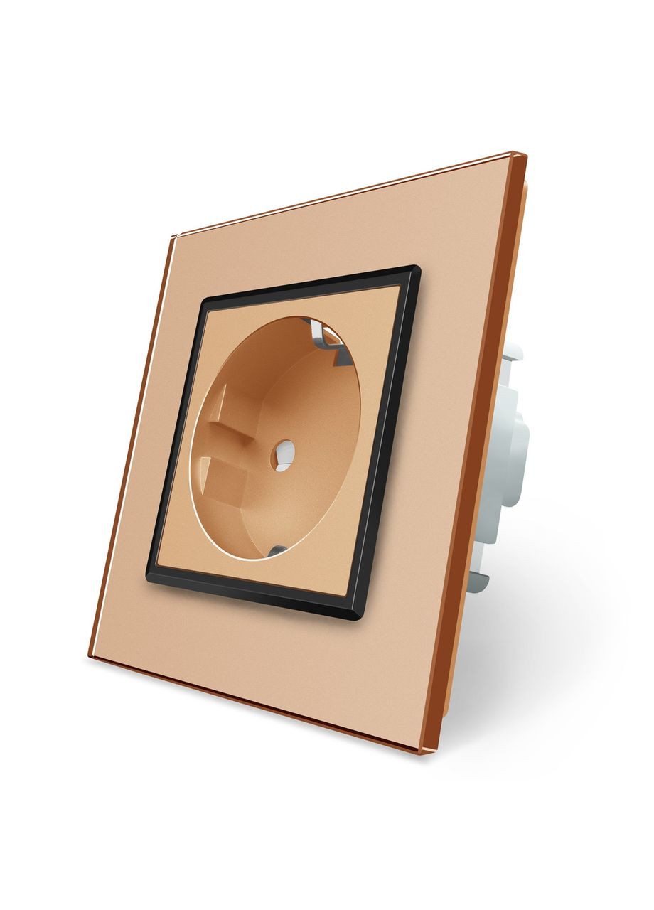 Електрична розетка з заземленням, золота з чорною вставкою, шторки, скло, 250В 16А (VL-C7C1EU-13B) Livolo (372162160)