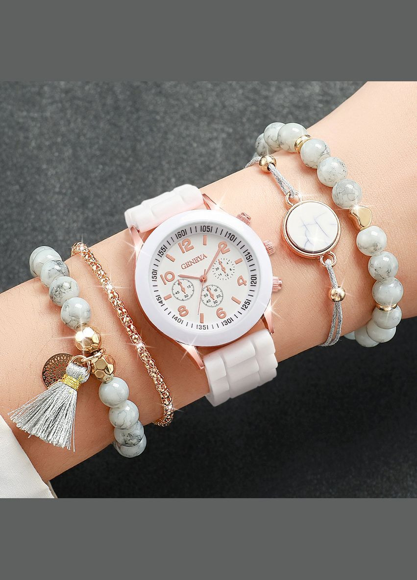 Женские часы кварцевые на силиконовом ремешке Белый + 4 браслета Geneva (335063871)