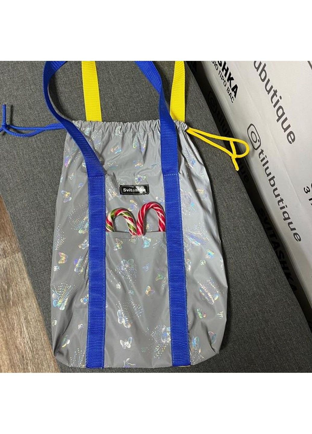 Светоотражающая сумка шоппер Svitashka Бабочка на завязках желто-синие ручки Карманы No Brand (335051173)